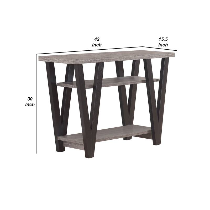 Zigzag Contemporary Solid Wooden Sofa Table With Bottom Shelves, Gray And Black