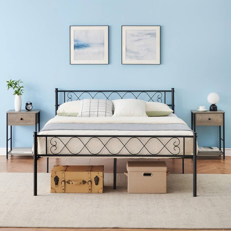 Bed Frame with Headboard and Footboard for Girls and Boys - Black - King