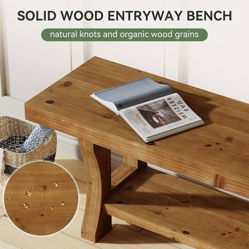 Solid Wood Entryway Bench, 55" End of Bed Bench, Long Indoor Dining Seat - 55.1" W x 13.8" D x 17.7" H