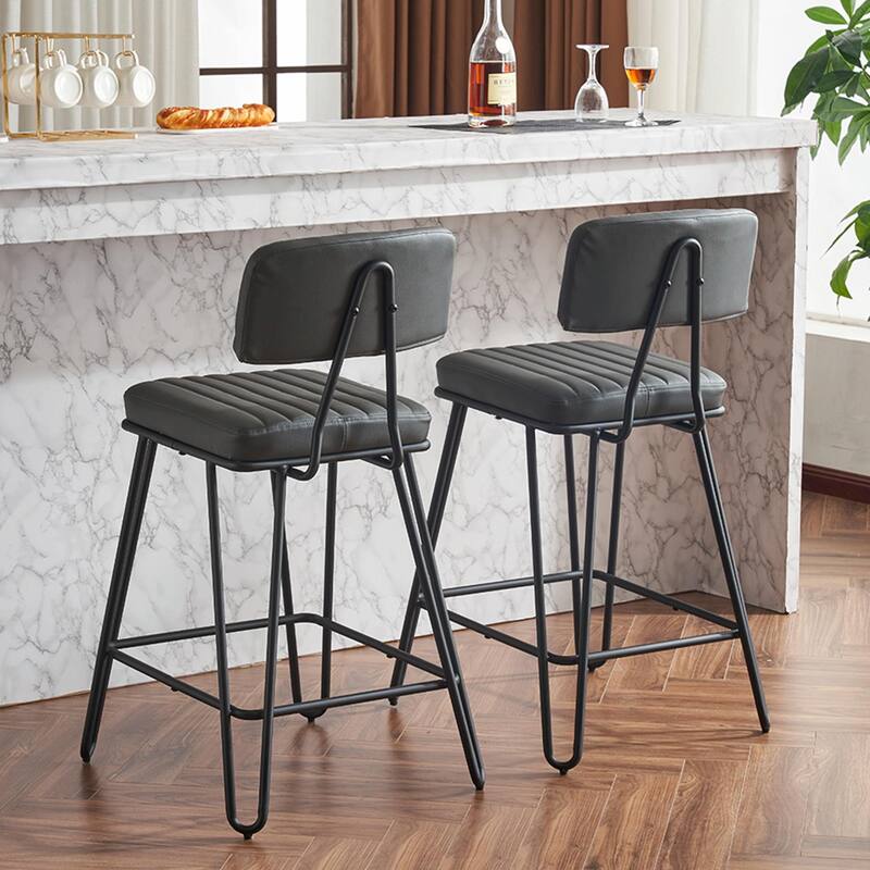Industrial Bar Stools Set of 2, Counter Height Chairs with PU Leather Upholstery & Metal Frame