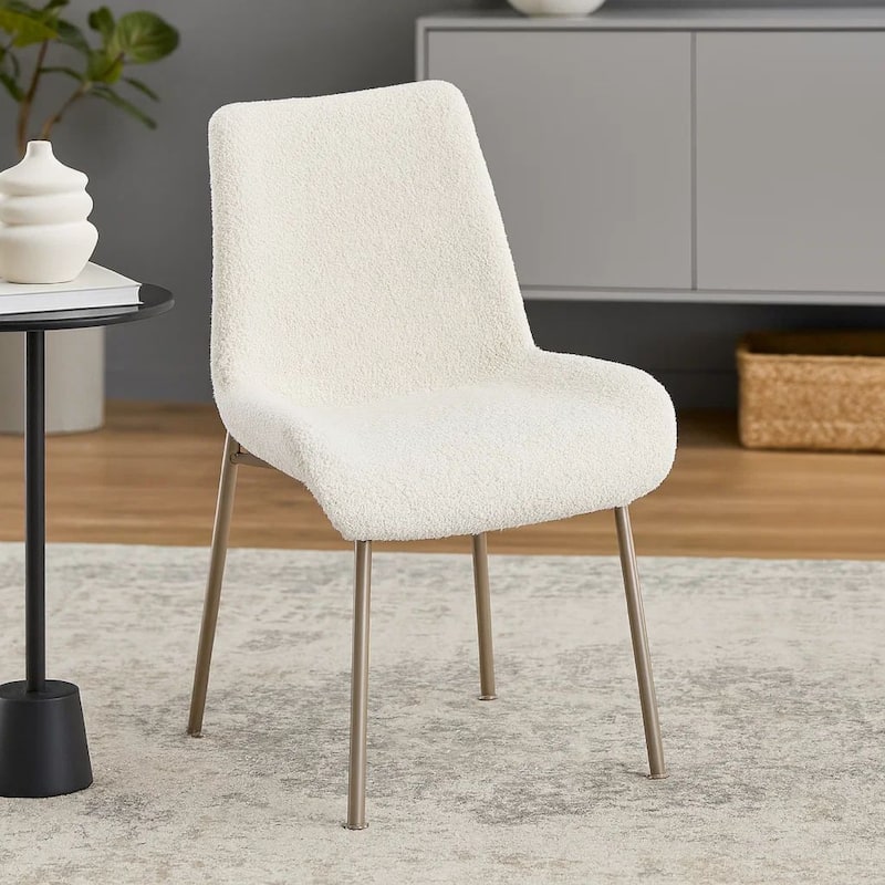 Zame 20 Inch Dining Chair, Soft Boucle Upholstery, Set of 2, Nickel Legs, White