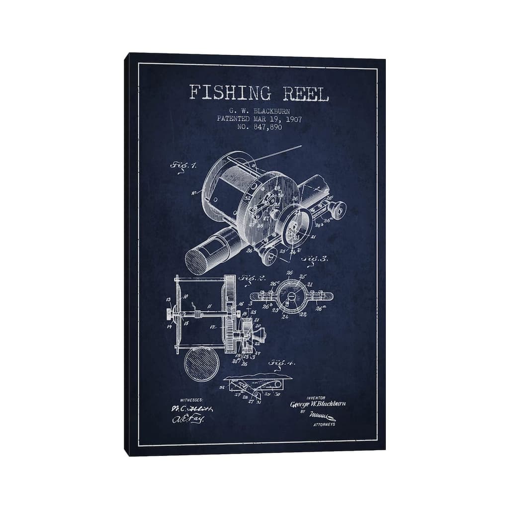 iCanvas "Fishing Reel Navy Blue Patent Blueprint" by Aged Pixel Canvas Print