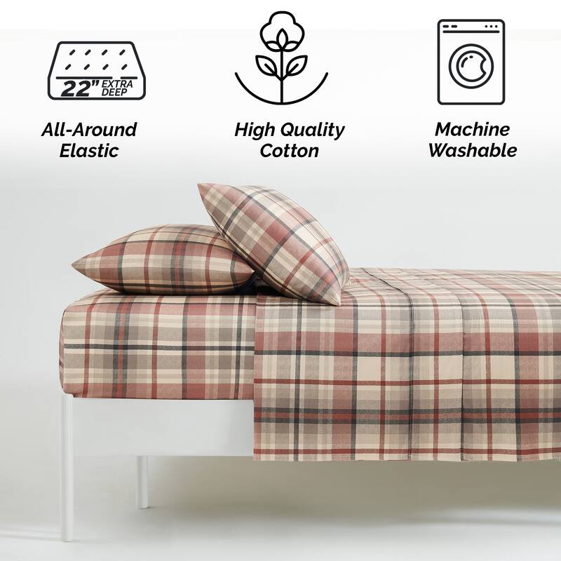 Highland 300 Thread Count Cotton Extra Deep Pocket Plaid 4-piece Bed Sheet Set