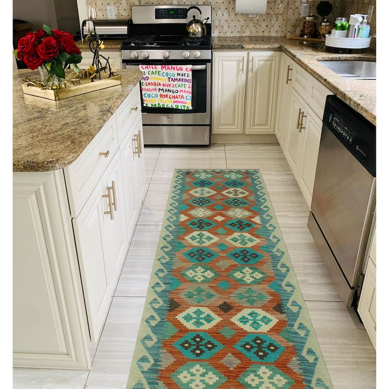 Hand-Woven Sun Faded Kilim Arif Ivory/Blue Runner - 2'6" x 9'7"