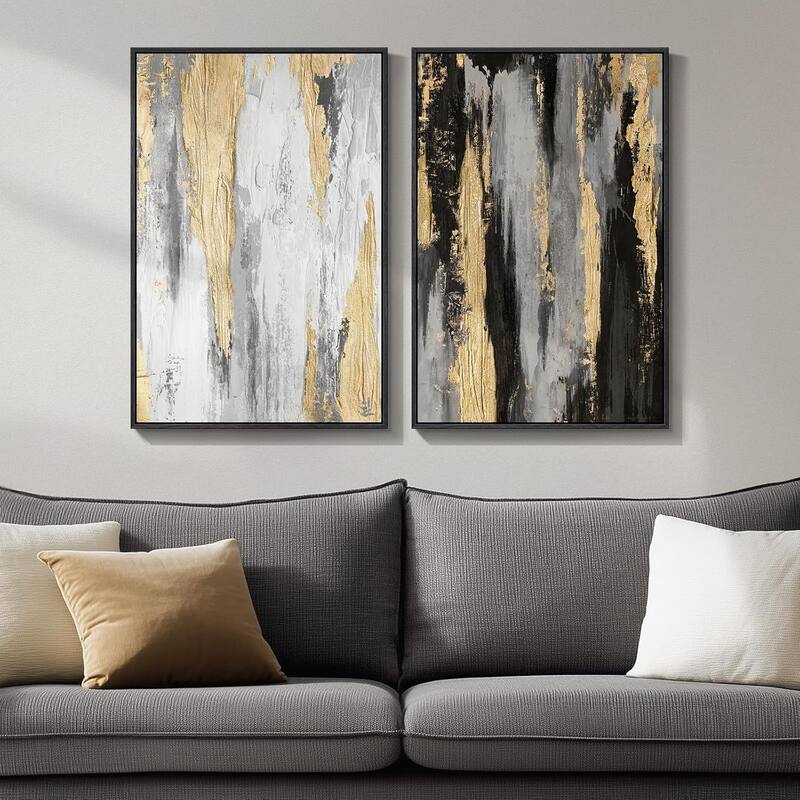 Framed Modern Abstract Wall Art Set, Black White Grey Gold Pictures - 16 x 24