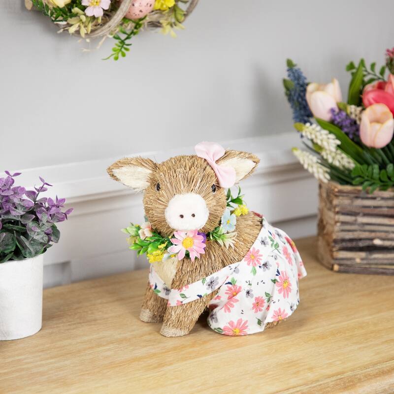 Girl Piglet with Floral Dress Spring Figurine - 7"