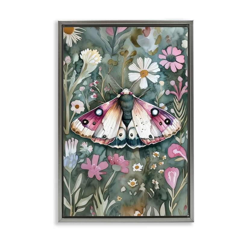 Stupell Beautiful Moth over Florals Framed Floater Canvas Wall Art Design By The Dutch Lady - 17 x 25 - Grey