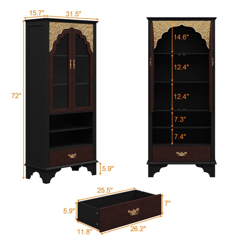 Asian Style Display Cabinet with Glass Doors Accent Curio Cabinet with Drawer Solid Wood and Tempered Glass Storage Shelf