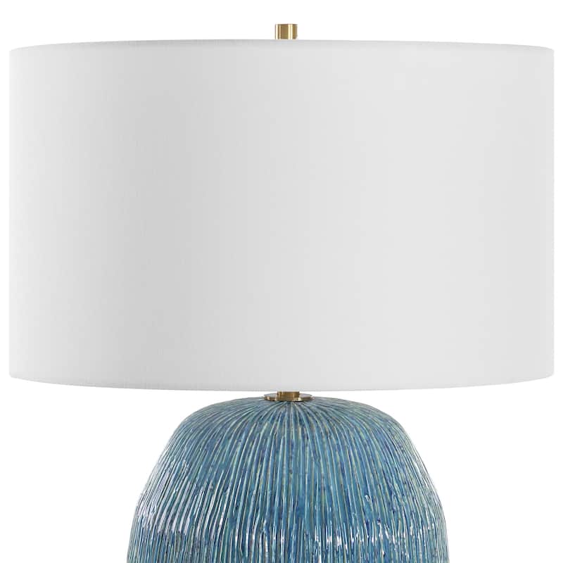 Ribbed Textured Ceramic Table Lamp with White Drum Shade - 23.5" - Blue and Green