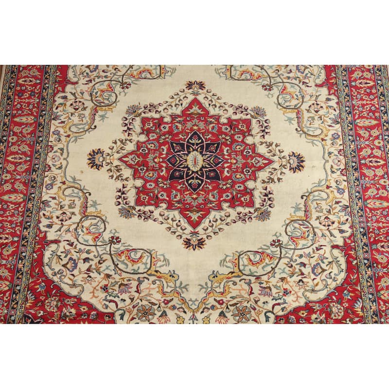 Hand Knotted Oriental 100% Wool Carpet Traditional Floral Beige & Ivories Tabriz Area Rug - 9' 10'' X 6' 5''