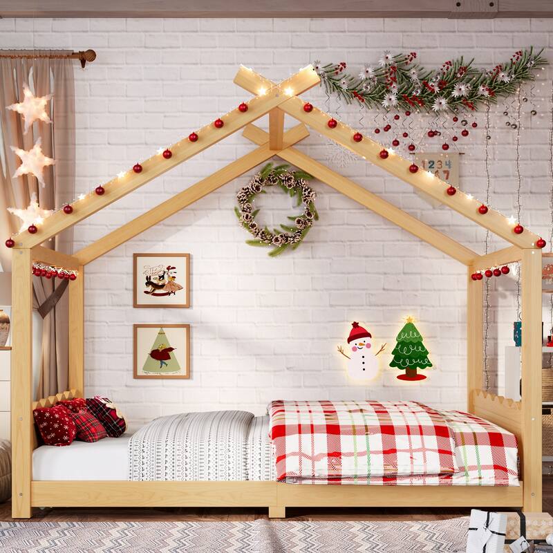 Full House Floor Bed with Support Slats, Solid Wood House Bed Frame for Kids, No Box Spring Needed