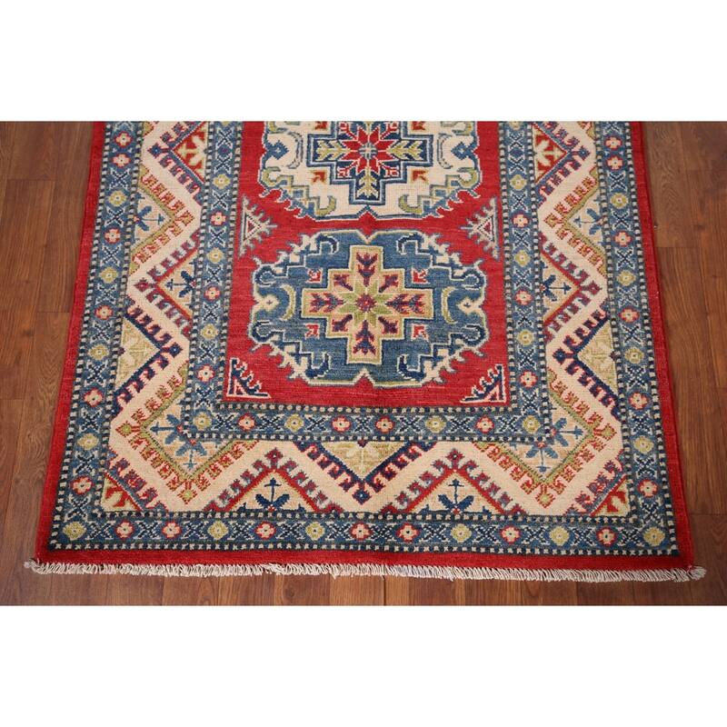 Geometric Kazak Accent Rug Hand-Knotted Red Wool Carpet - 3'3" x 4'9"