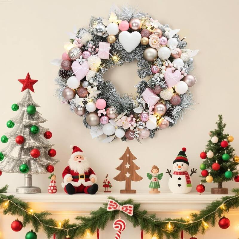 24 Inch Christmas Wreath with Lights, Pink Holiday Wreath for Front Door Decorations