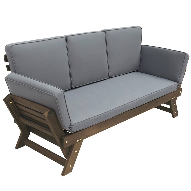 Outdoor Acacia Wood Adjustable Daybed Sofa with Cushions, Expandable Patio Chaise Lounge for Small Spaces, Deck or Balcony