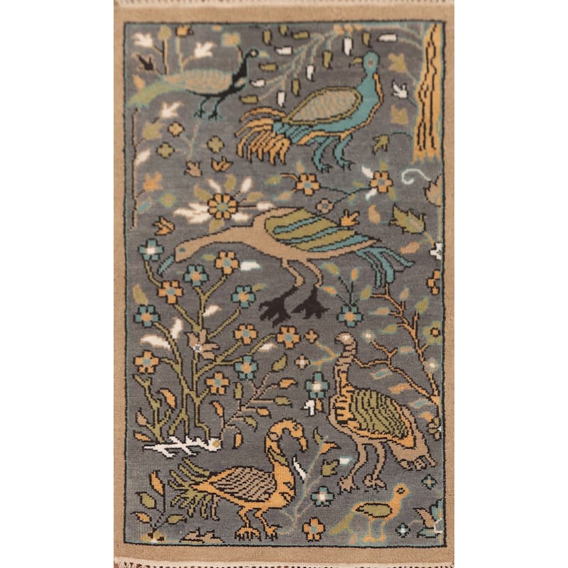 Animal Pictorial Ziegler Accent Rug Hand-Knotted Floral Wool Carpet - 2'11"x 5'0"