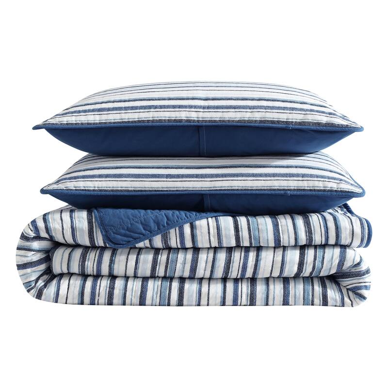 Nautica Pembrook Classic Stripes With Solid Reverse Cotton Quilt (Blue, 3 Piece Set)