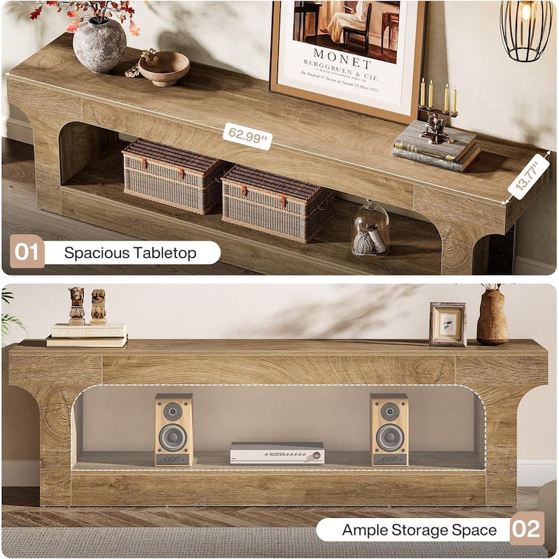 Farmhouse 63-Inch TV Stand with 2-Tier Open Storage Shelves for 55/60/65/75-Inch TVs