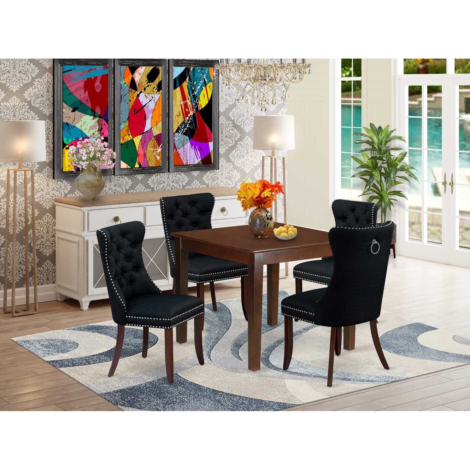 5-Piece Mahogany Finish Solid Wood Top - Square Upholstered Dining Room Set - Seats 4