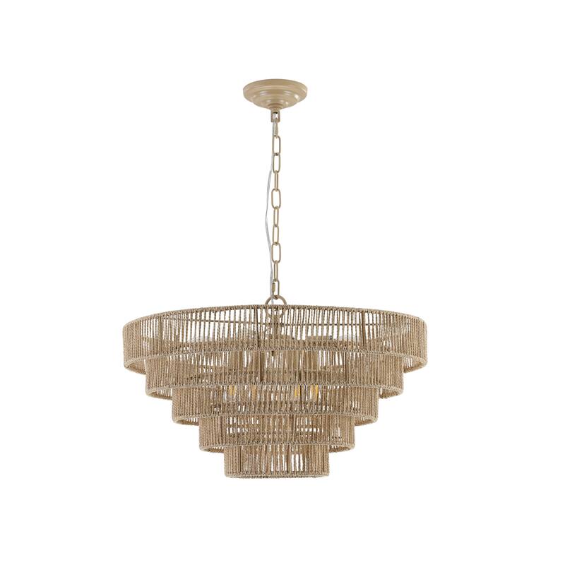 24" Modern 5-Layer Woven Hemp Rope Chandelier, Boho Style Pendant Light, Elegant Hanging Light Fixture for Living Room, Bedroom