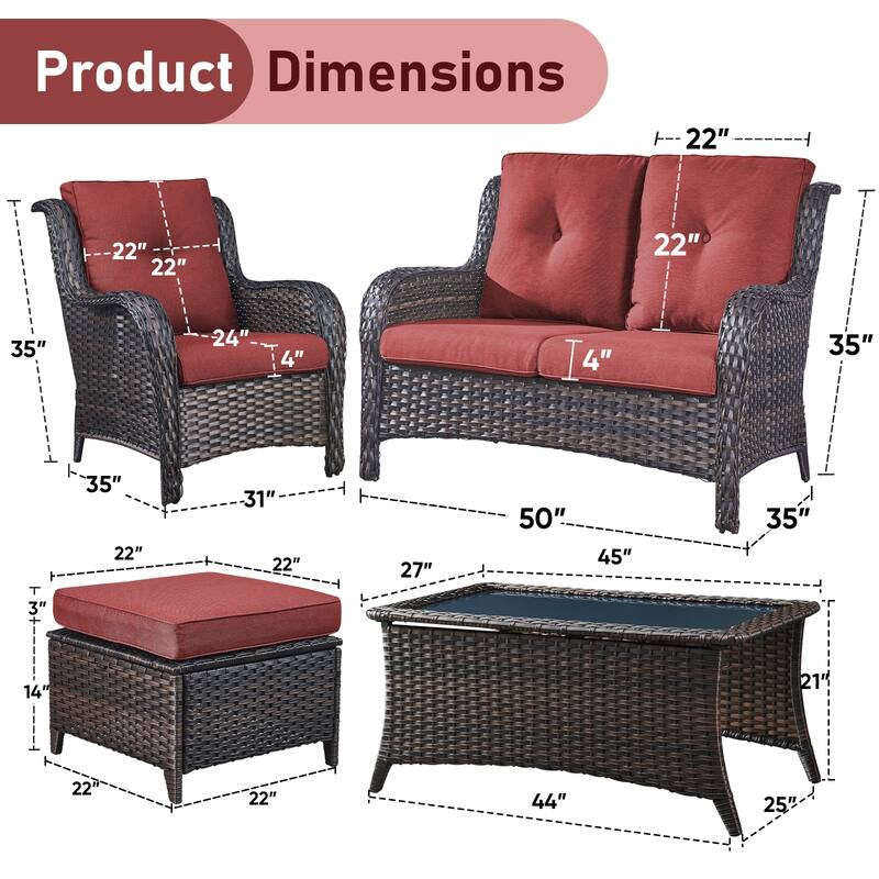 Pocassy 6 Pieces Outdoor 2-Seat Sofa Chairs Table Ottoman