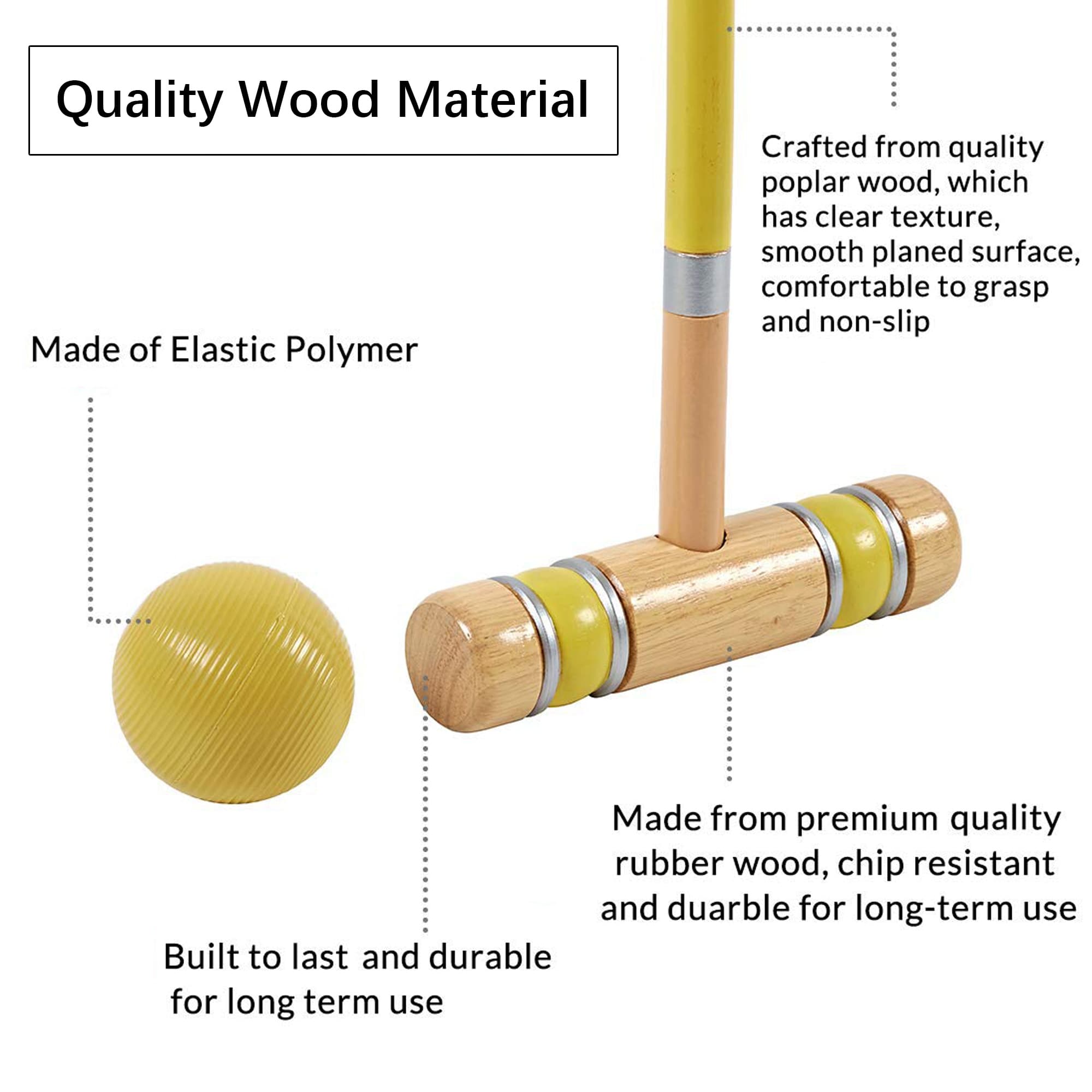 Six Player Croquet Set with Premium Rubber Wooden Mallets 28In, Colored Balls, Wickets, Stakes