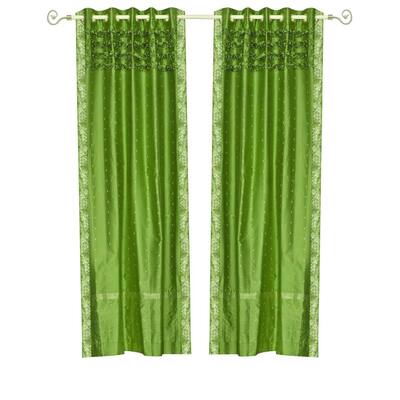 Forest Green Hand Crafted Grommet Top Sheer Sari Curtain Panel -Piece