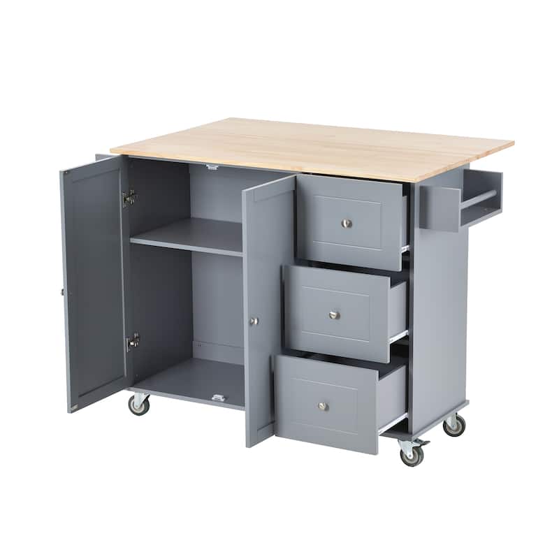 52.7" W Rolling Mobile Kitchen Island with Solid Wood Top and Locking Wheels,Storage Cabinet and Drop Leaf Breakfast Bar