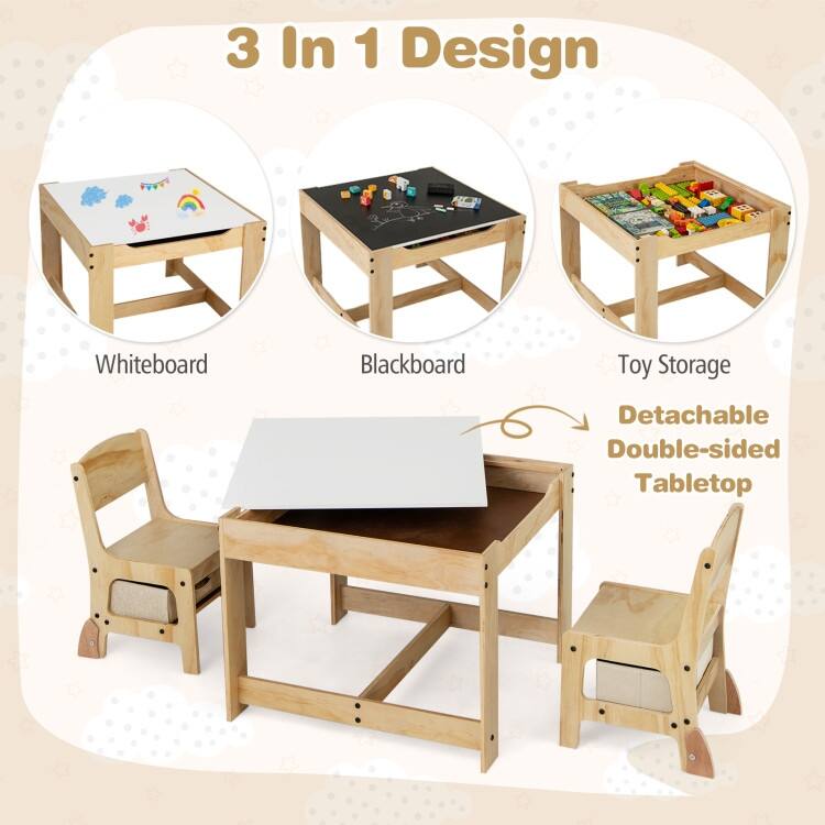 Plywood 3 in 1 Kids Table and Chairs Set with Storage Bins - 24.5" x 24.5" x 19"