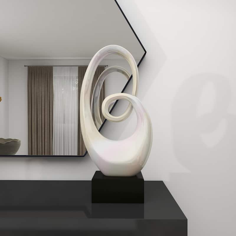 Sleek Ceramic Swirl Abstract Sculpture with Black Wooden Base - Silver or White