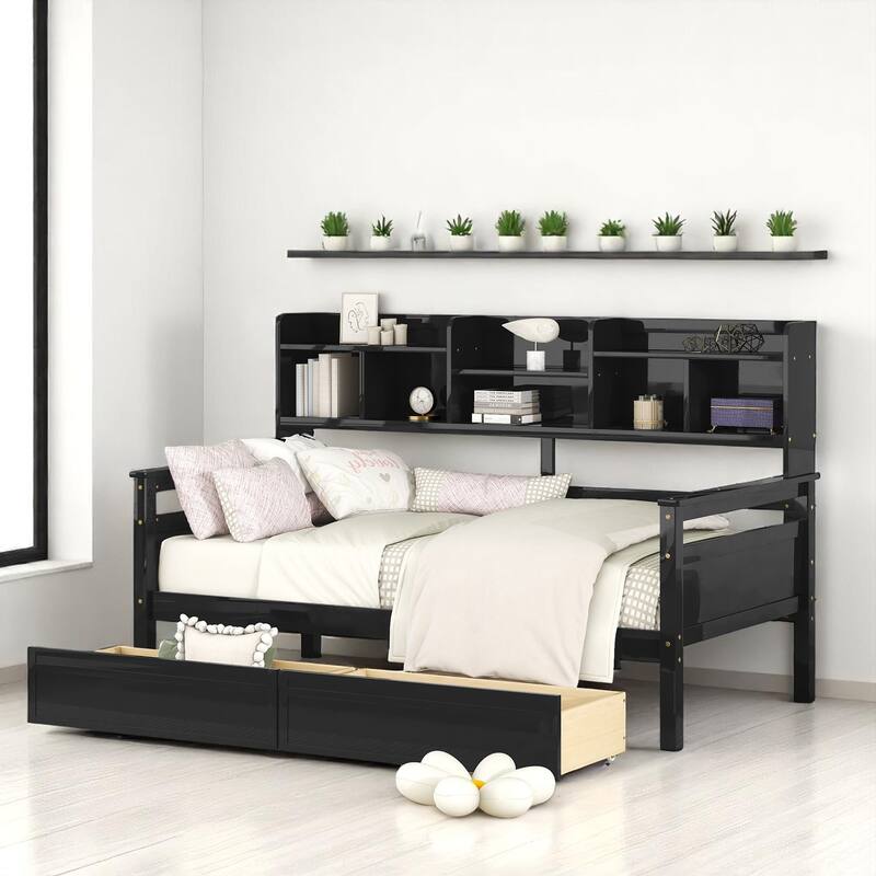 Wooden Twin/Full Daybed with 2 Storage Drawers and Bedside Shelves, No Box Spring Needed, Modern Design - Espresso - Twin