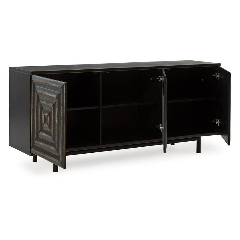 Sideboard Cabinet Console, 72 Inch, 3 Wood w Geometric Inlay, Black