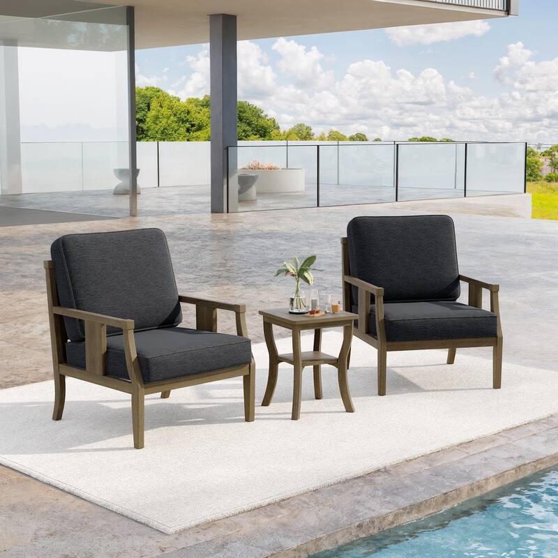 3-Piece Teak Wood Outdoor Armchair Set with Side Table, Cushions, Patio Seating Sets