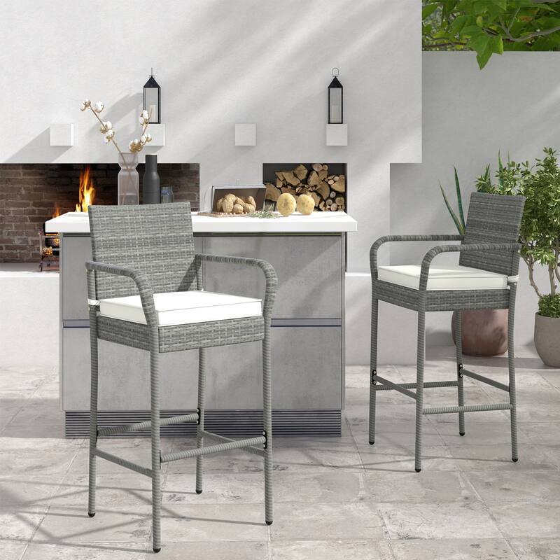 Gymax Set of 4 Rattan Patio Bar Stools Outdoor Bar Height Chairs w/