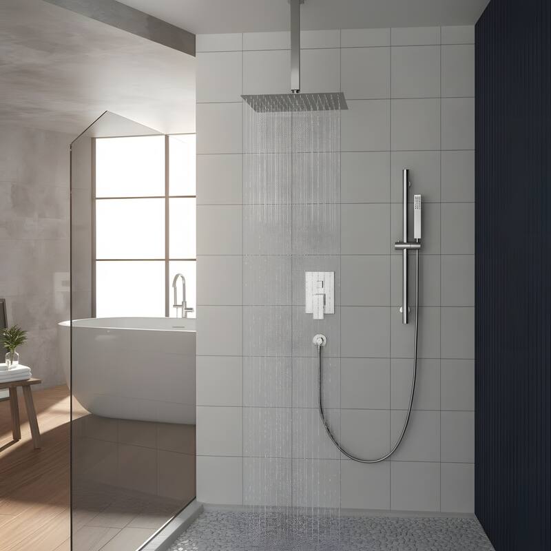 Wall Mounted Square Shower System and Handheld Showerhead Set - 16" - Brushed Nickel