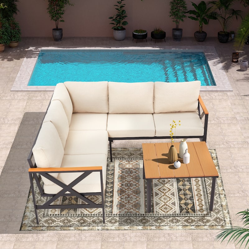 EROMMY 6-Piece Patio Sectional Furniture Set, Outdoor Metal L-Shaped Sofa with Faux Wood Coffee Table and Thick Cushions