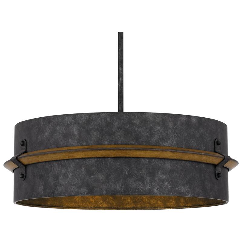 Lariat 3-Light Old Black Drum Pendant Light with Wooden Trim