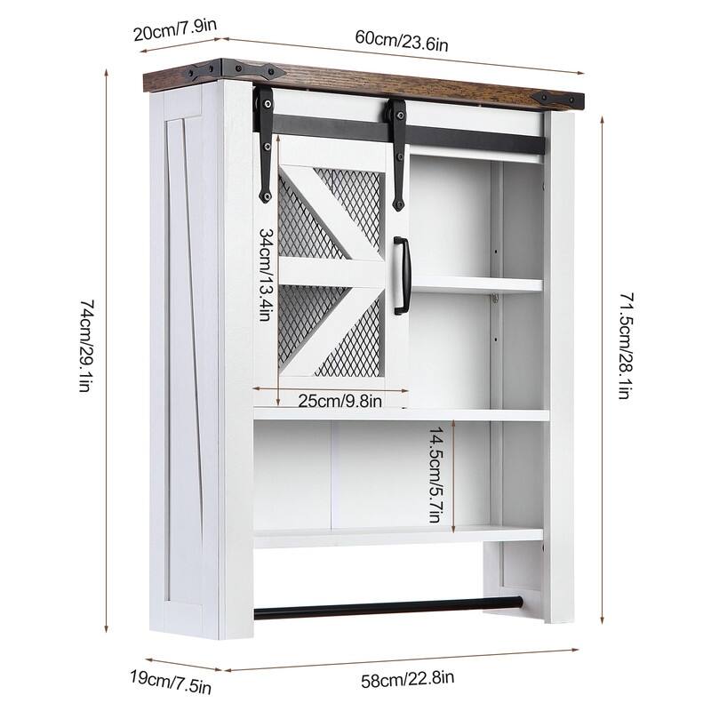 Bathroom Organizer Cabinet with Towels Bar & Hooks & Sliding Barn Door