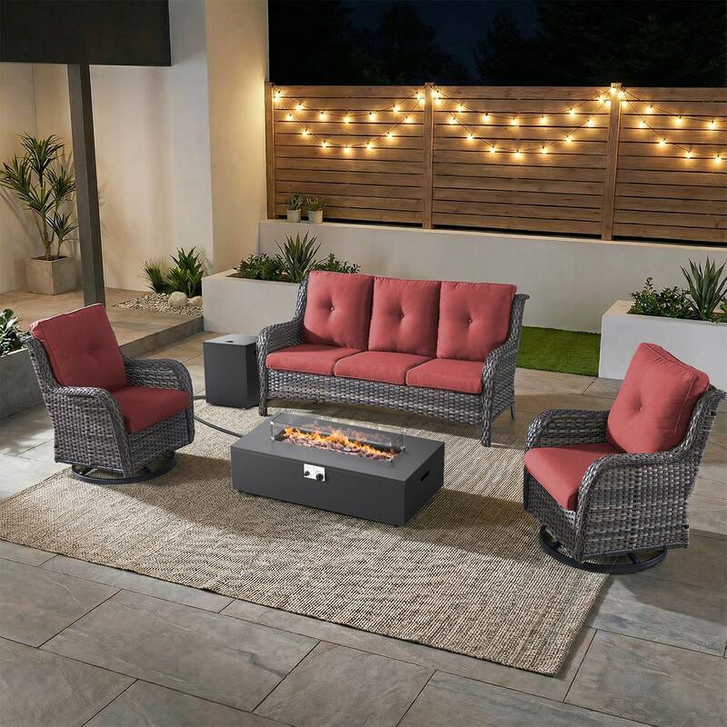 Pocassy Outdoor 5 Pieces Sofa Swivel Chair with Fire Pit Table - Gray Wicker Red Cushion - 5-Piece Sofa Swivel Chair with Fire Pit Table