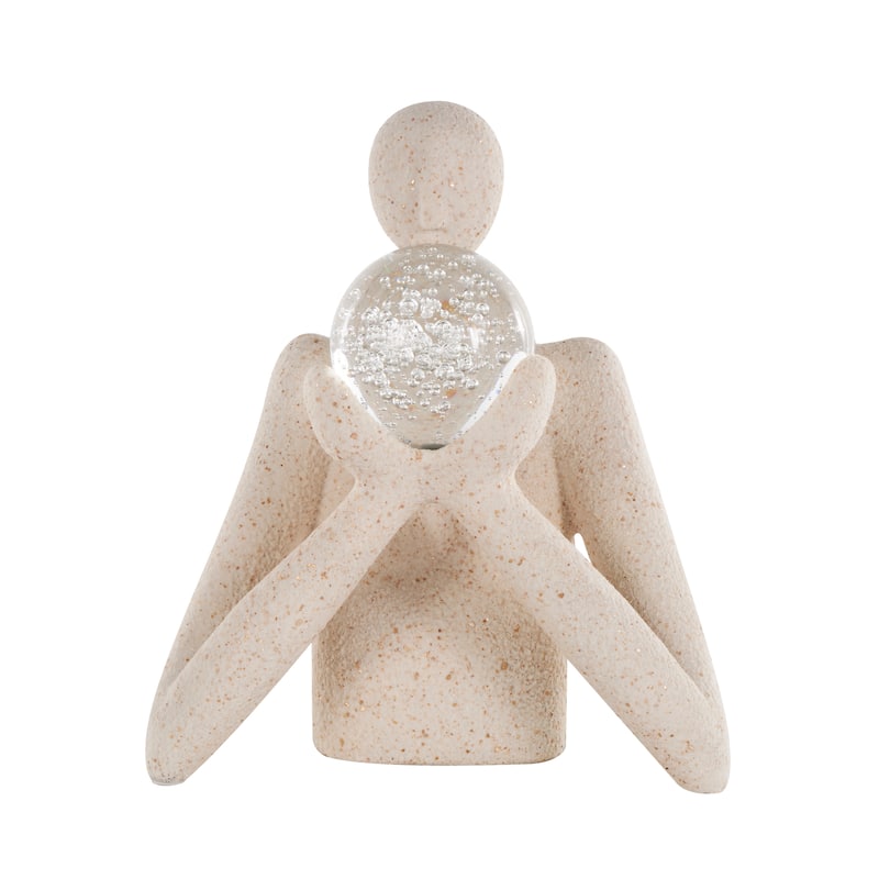 Cream Polystone Abstract Textured People Decorative Sculpture with Clear Glass Ball and Gold Speckles