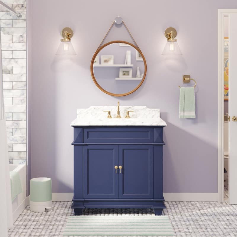 KitchenBathCollection Elizabeth 36" Bathroom Vanity with Carrara Marble Top - Royal Blue