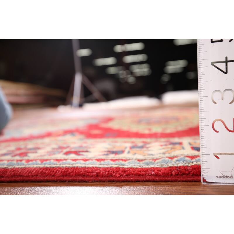 Geometric Kazak Accent Rug Hand-Knotted Red Wool Carpet - 3'4" x 4'7"