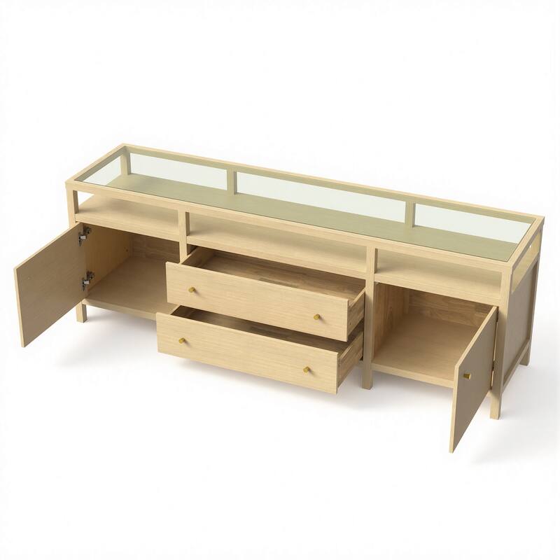 78.7" Solid Wood Sideboard with Tempered Glass Top, Modern Light Oak Buffet Cabinet Console Storage Cabinet