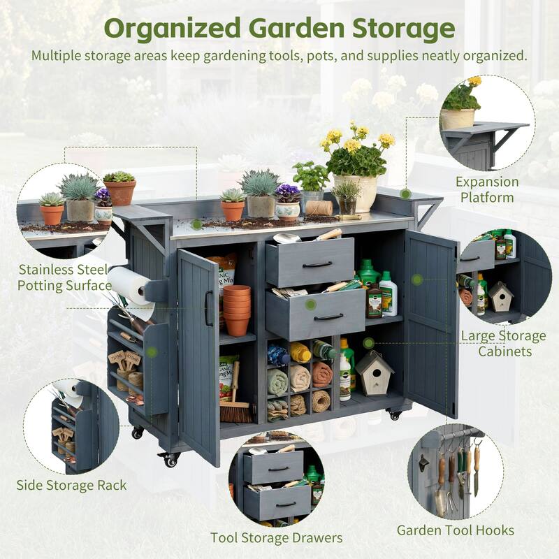 Roomfitters Outdoor Grill Cart and Kitchen Island, Stainless Steel Top, Portable Potting Bench with Storage, Wheels