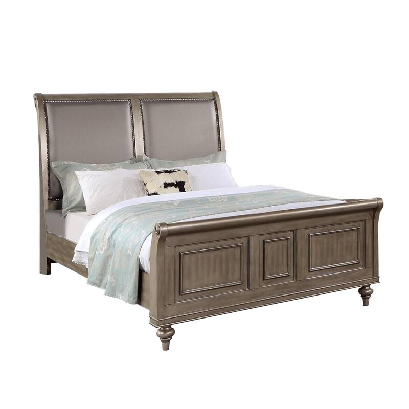 Wooden Bed with Upholstered Headboard in Antique Silver - Queen