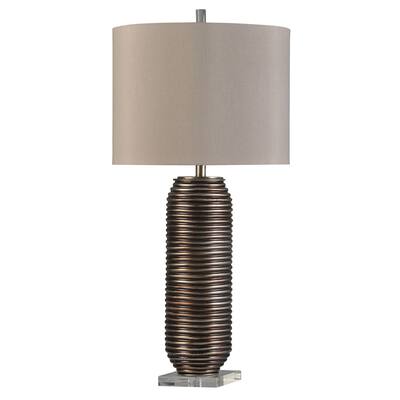 StyleCraft Bretta Hand Spun Bronze Metal and Clear Acrylic Table Lamp with Beige and Light Tan Shade