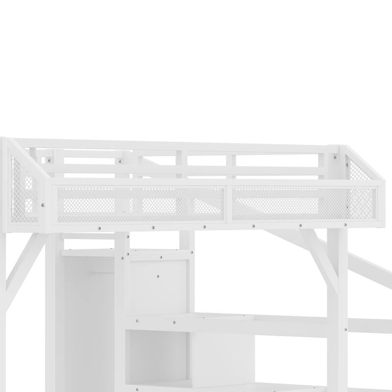 Roomfitters Metal Loft Bed with Wardrobe and Storage Stairs, LED Lights and USB