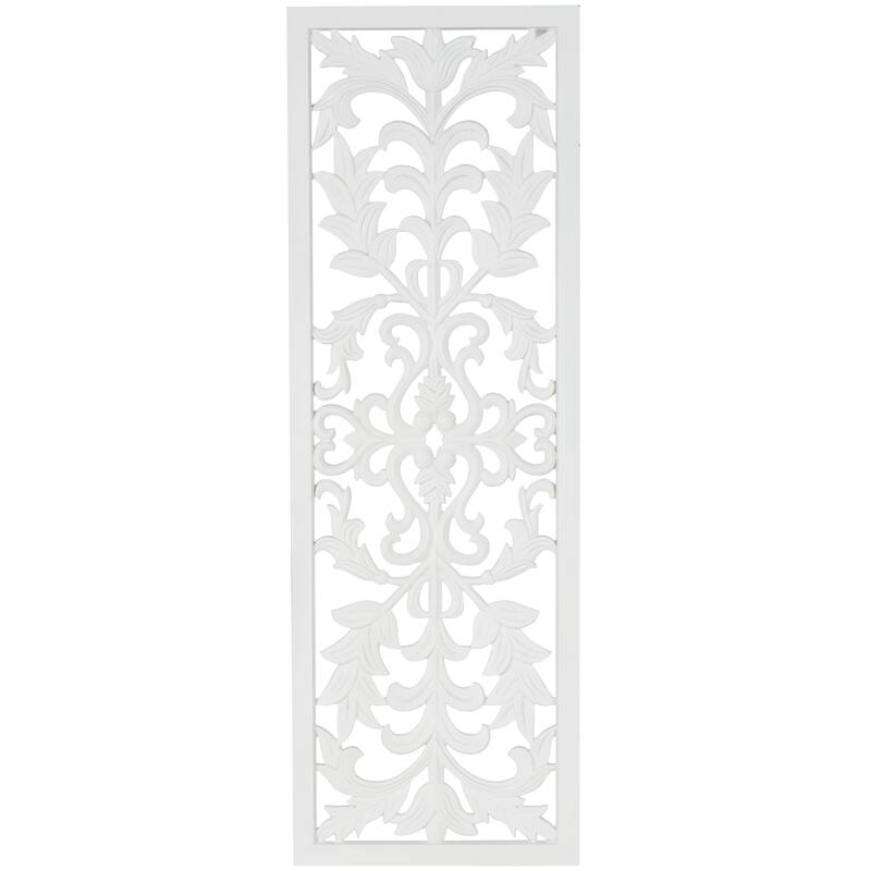 White Wood Carved Panel Floral Home Wall Decor with Scroll Details