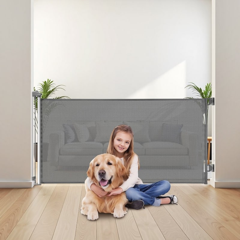 Retractable Baby Gate with Escape-Proof Bottom Hook and Mesh Design for Kids and Pets Safety