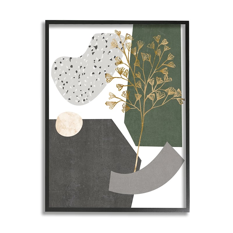 Stupell Abstract Shapes with Golden Floral Detail Framed Wall Art - 11 x 14 - Black