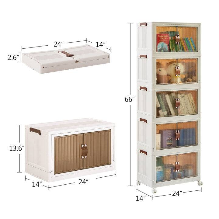 VECELO White PP Plastic Multifunctional Storage Bins with Lid 3/4/5 Tier Stackable Storage Bins with Wheels Magnetic Doors